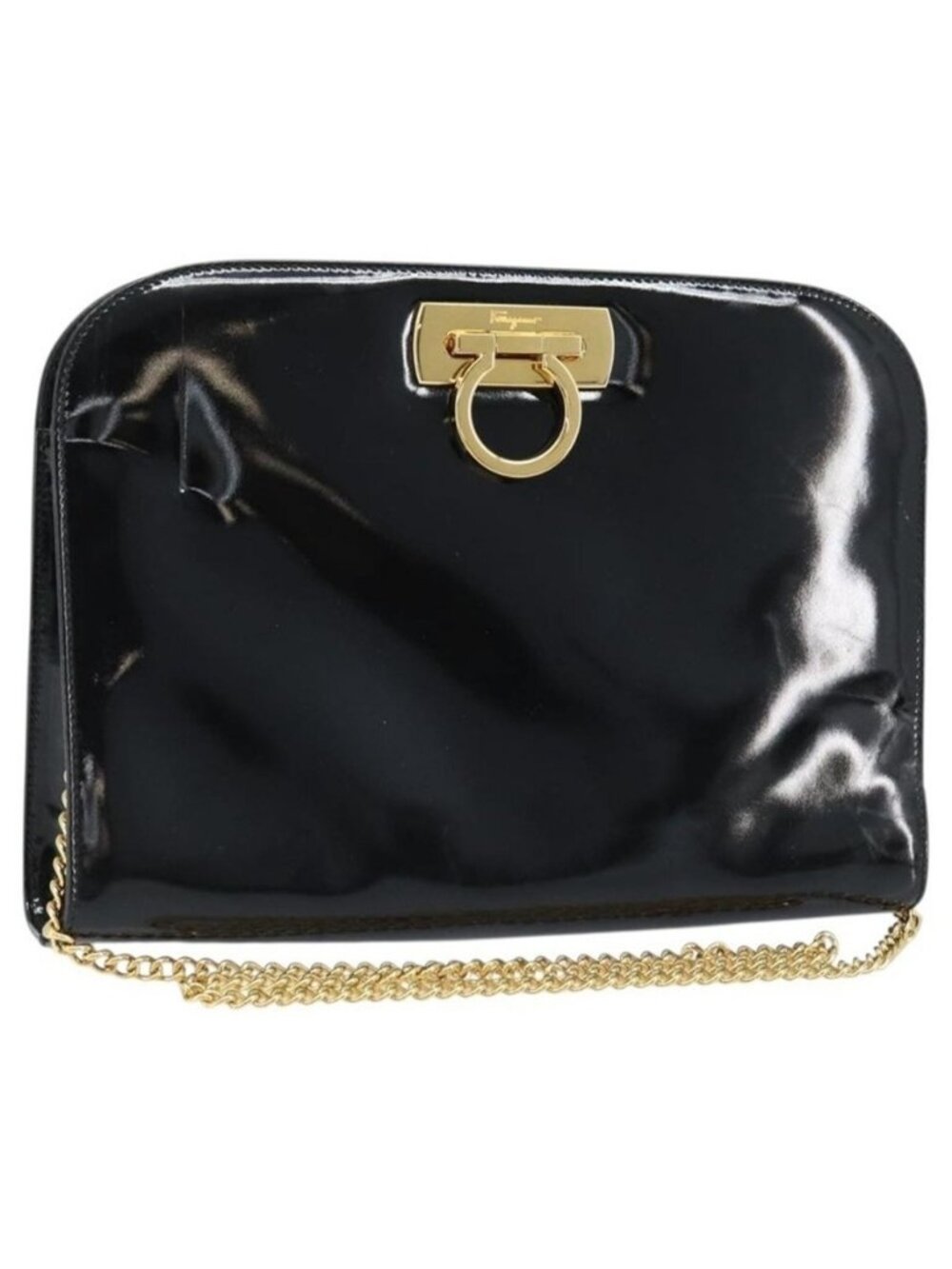 Authentic Salvatore Ferragamo Gancini Chain Bag Patent leather Black Gold